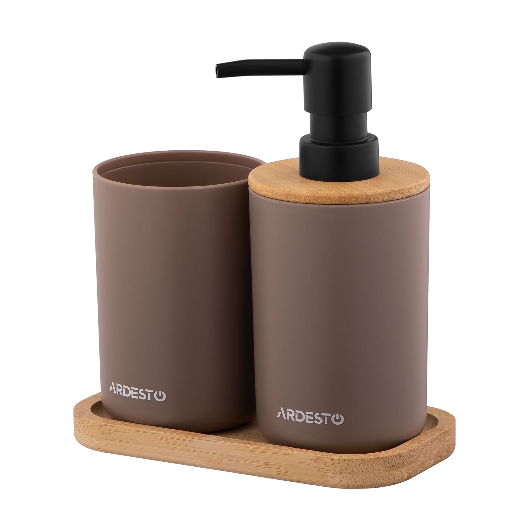Набір для ванної кімнати Ardesto Minimalism, тауп (підставка, 1 шт + дозатор, 360 мл + склянка для зубних щіток, 1 шт) (ARHB3112CB)